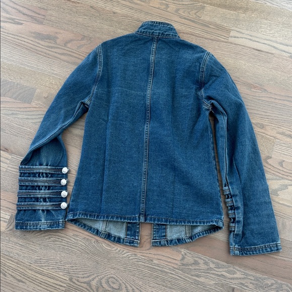 Military-Inspired Dark Blue Denim Jacket with Decorative Buttons - Picture 3 of 6